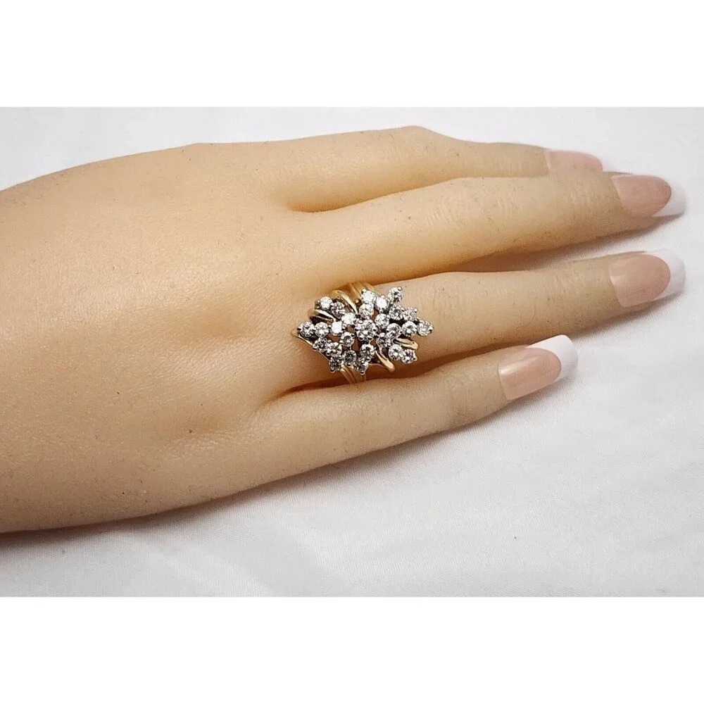 Unique 14K Karat Solid Yellow Gold Designer Round Diamond Cluster Ring - Size 6
